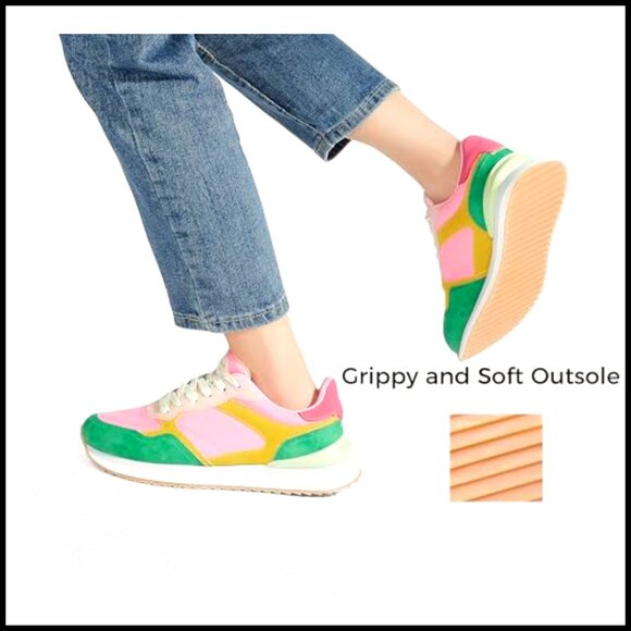 Women's Platform Sneakers Suede Colorblock Retro Casual Running Shoes - Picture 4 of 7